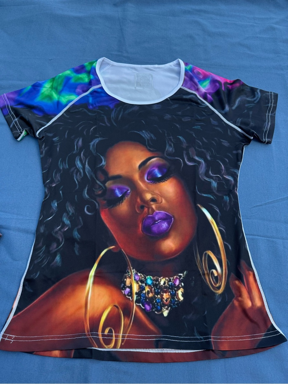 Women’s Graphic Black Top with Vibrant Portrait Print